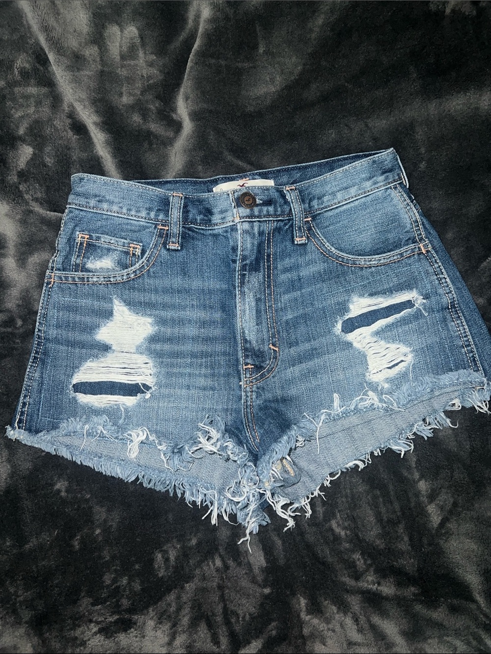 Hollister Distressed Frayed Hem Denim Shorts - Blue